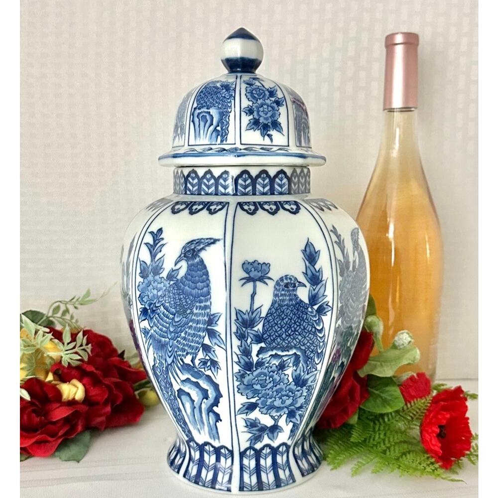 Andrea By Sadek Vintage Japanese Ginger Jar Blue & White Porcelain Phoenix Bird
